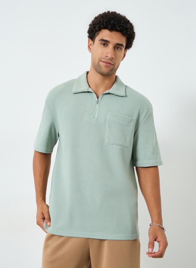 Styli Men Waffle Knit Quarter Zip Oversized Polo - Image 1